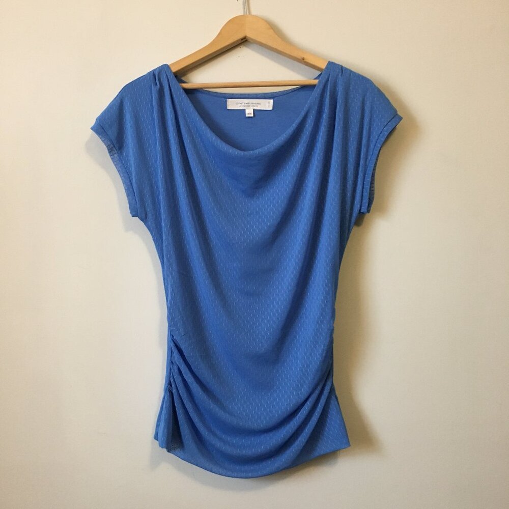 Contemporaine Periwinkle Blue Draping Double Layered Shimmer Mesh Top